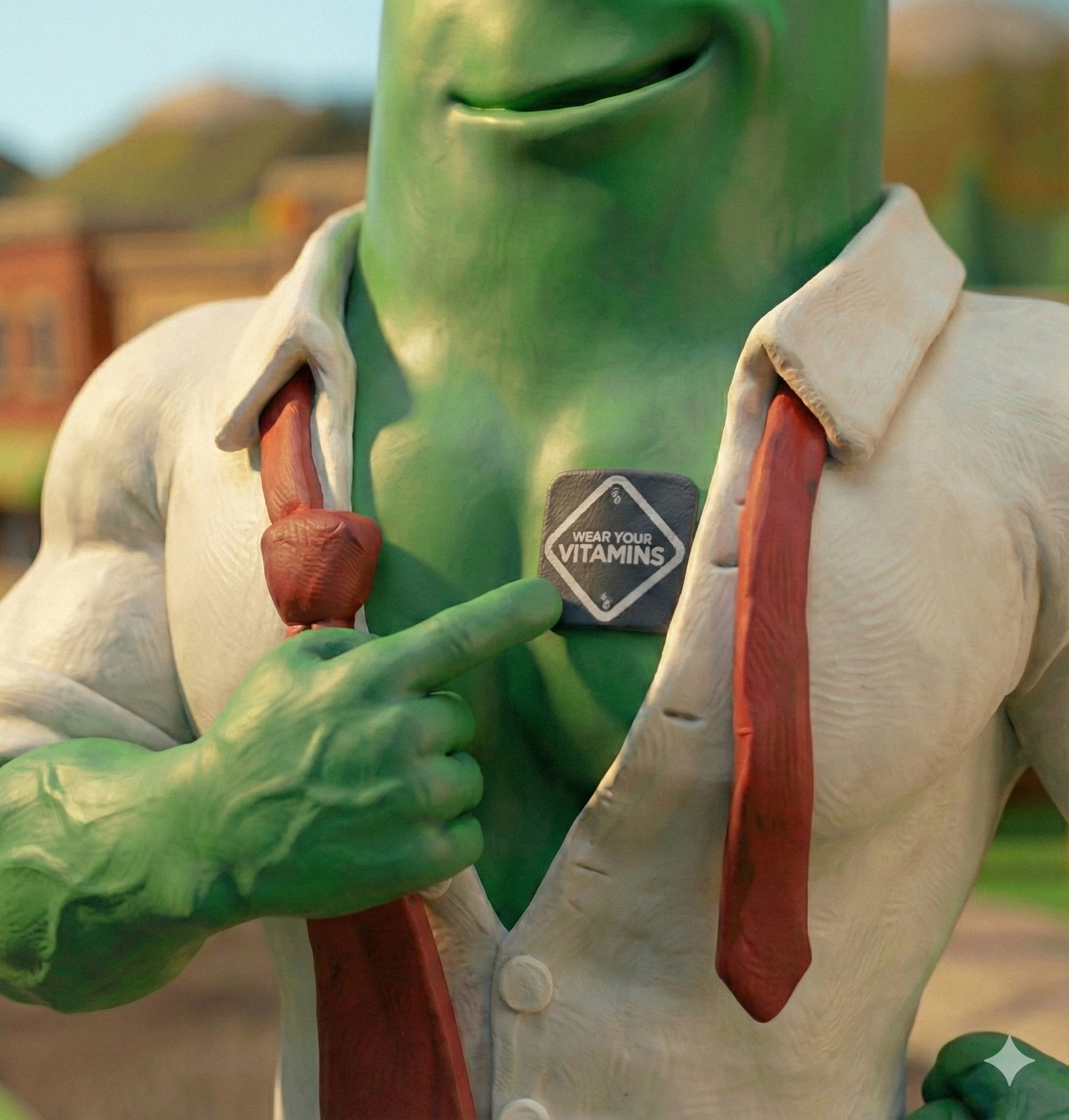 Pickle hero confidently wearing a herbal skin patch on his chest